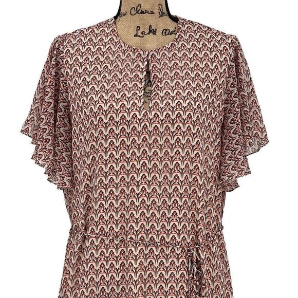 Reiss Anna Printed Flippy Dress Knee Length Short Ruffle Sleeve Women 10 Cream - Picture 3 of 10